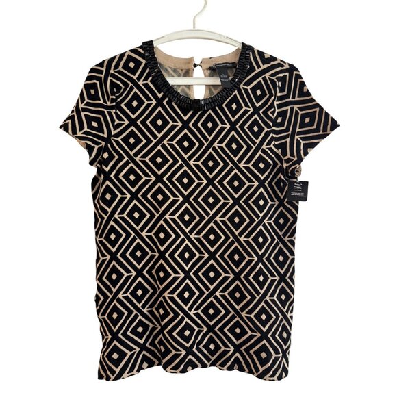 INC Beaded Collar Large Womens Rayon Blend Black Ivory Geometric Short Sleeve To - Picture 1 of 5